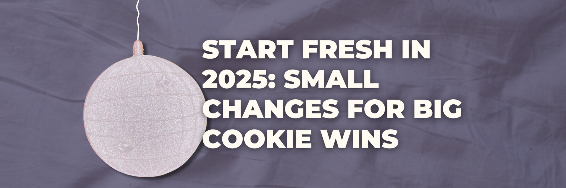 Banner with a textured purple background featuring a glittery white disco ball hanging on the left side. Bold white text on the right reads: 'Start Fresh in 2025: Small Changes for Big Cookie Wins.'