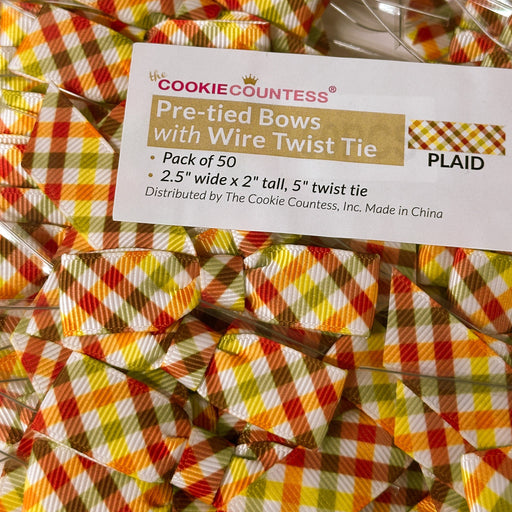 The Cookie Countess Packaging Pre-tied Grosgrain Bows with Wire Twist Tie:  Fall Plaid