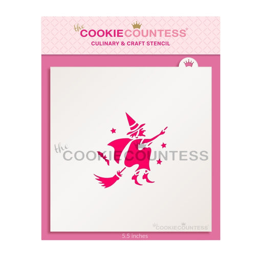 The Cookie Countess Stencil Flying Witch on Broom with Stars Stencil