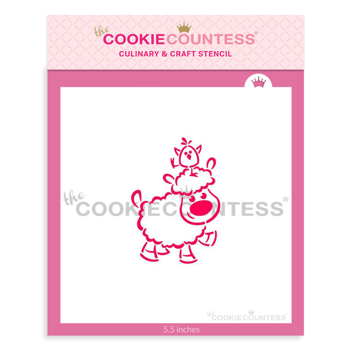 The Cookie Countess Stencil Lamb with Chick on Head Stencil - Drawn by Krista