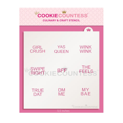 The Cookie Countess Stencil Modern Conversation Hearts Mini 1" Sayings Stencil