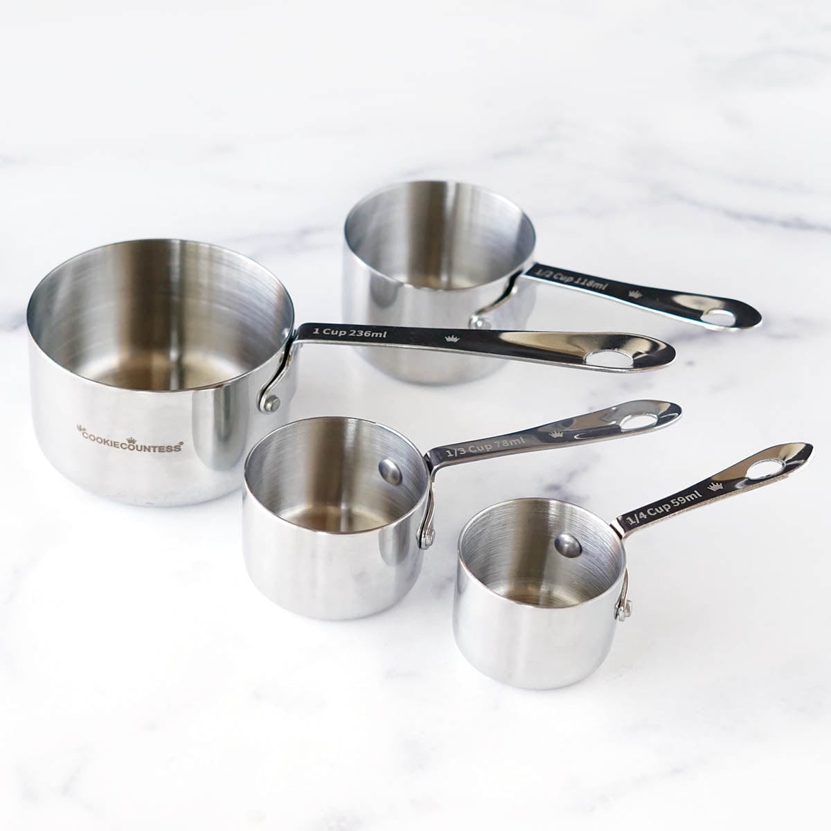Crestware Stainless Steel Measuring Cup Set One Quarter Cup, One Third Cup,  Half Cup, 1 Cup Measures